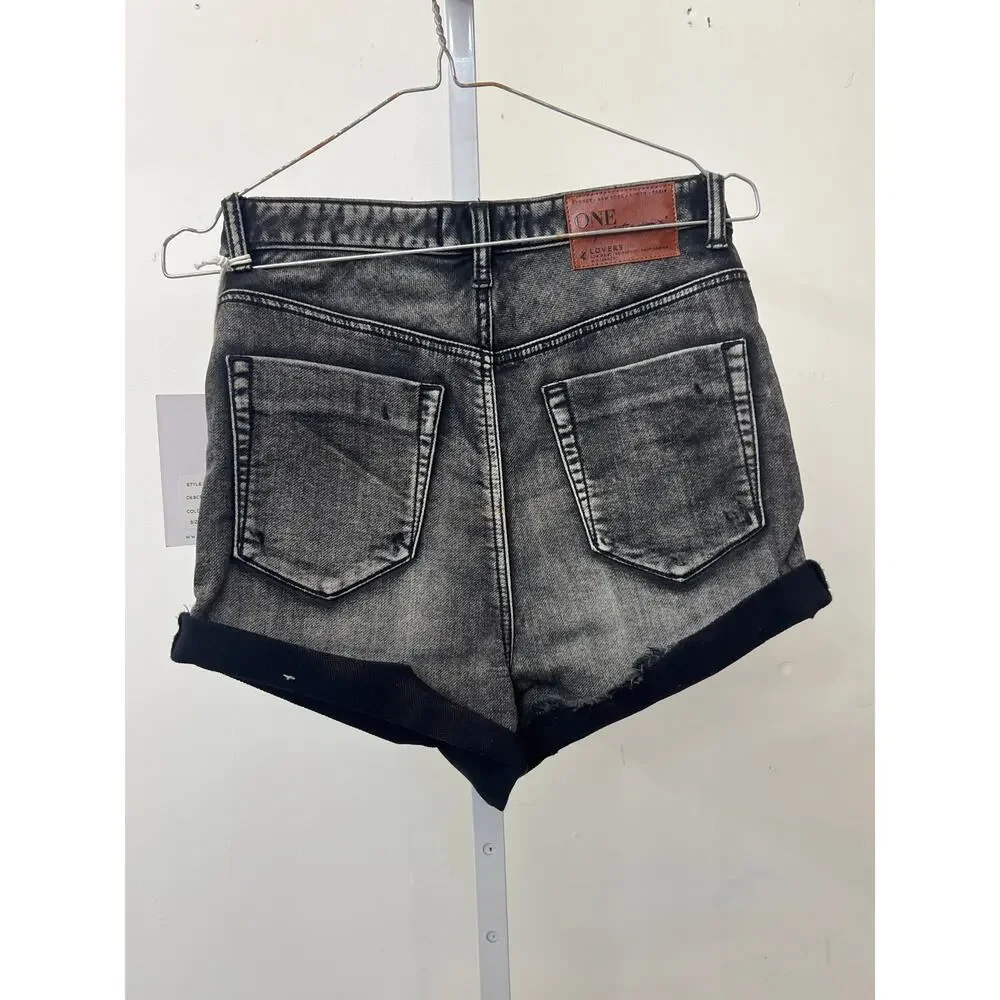 NWT One Teaspoon Sz 26 Lovers Black Hart Button Fly Distressed Denim Jean Shorts